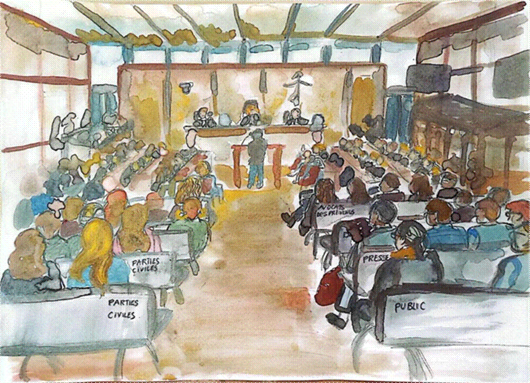 Title: Lafarge trial in Paris for crimes committed in Syria. Illustration: acrylic painting (watercolor) of the packed courtroom, viewed from the back. Inscriptions (in french) on the back of the benches: “defense lawyers, civil parties, press, public.”
