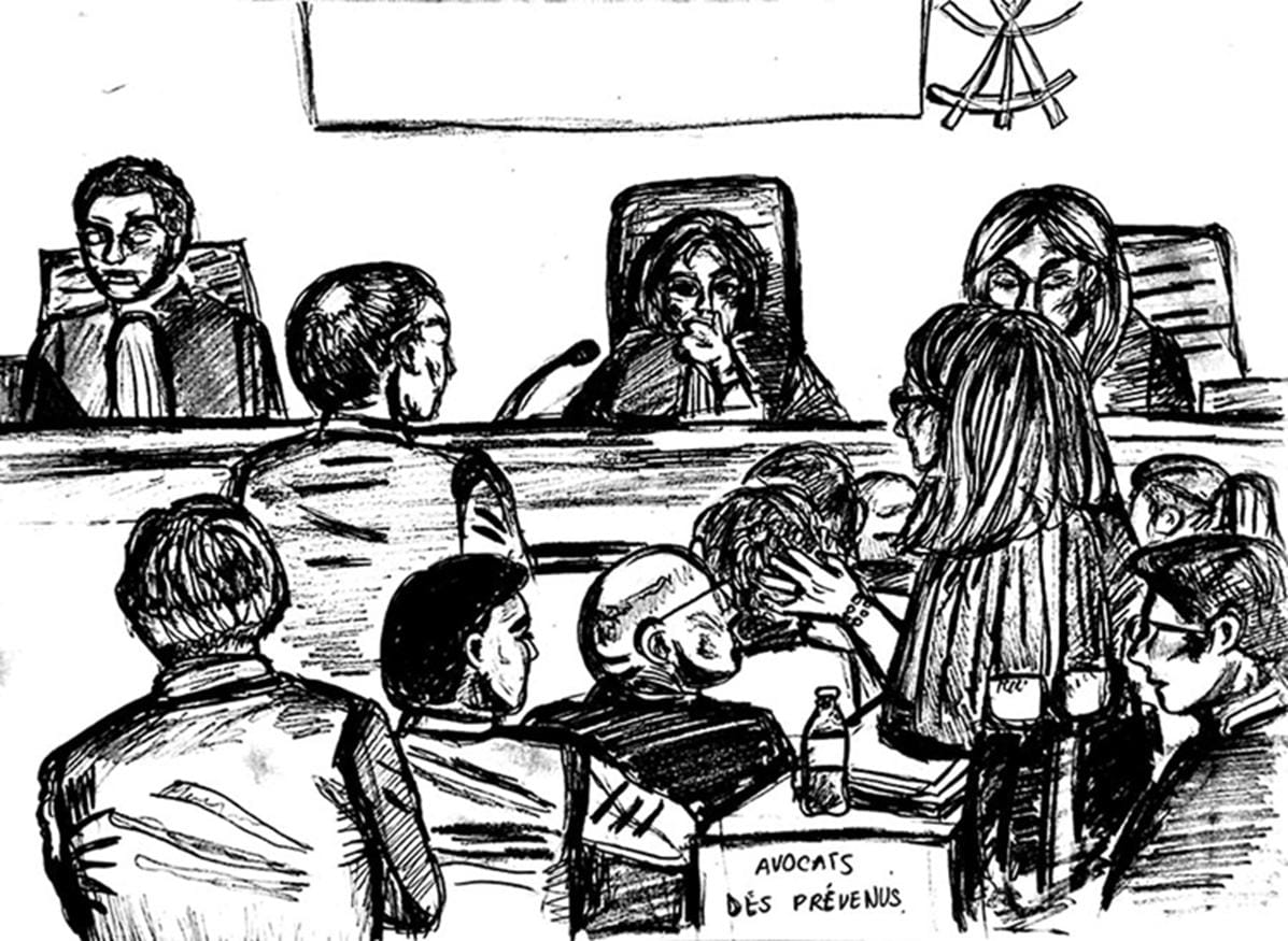 Title: Pencil drawing depicting former Lafarge Group CEO Bruno Lafont and defence lawyer Solange Doumic in court.